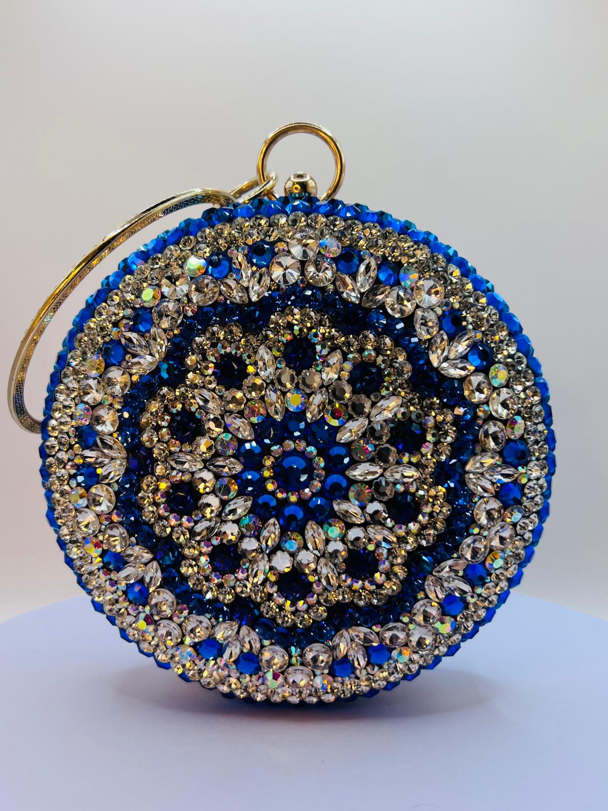 Luxury Handcrafted Crystal Ball Clutch β Sapphire Blue & Silver Rhinestone Evening Bag