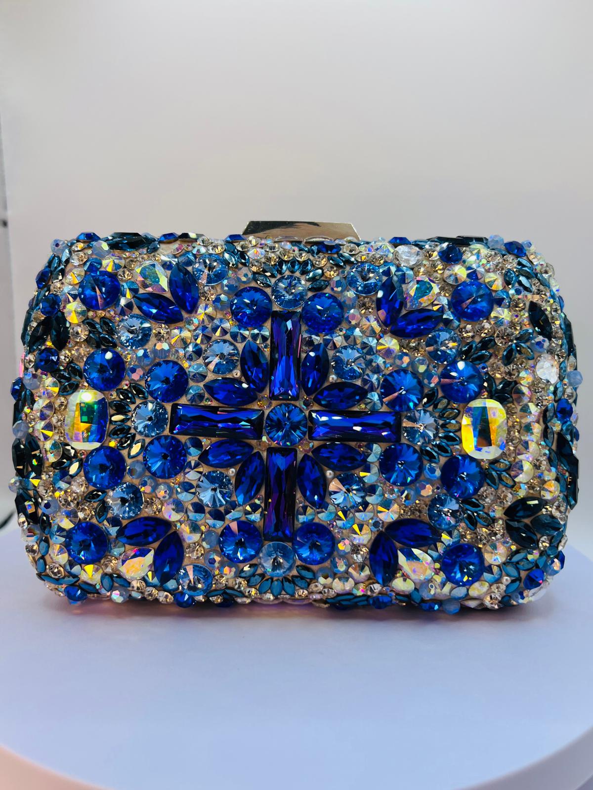 Luxury Handcrafted Rectangular Crystal Clutch β Sapphire Blue & Gold Evening Bag - Image 4