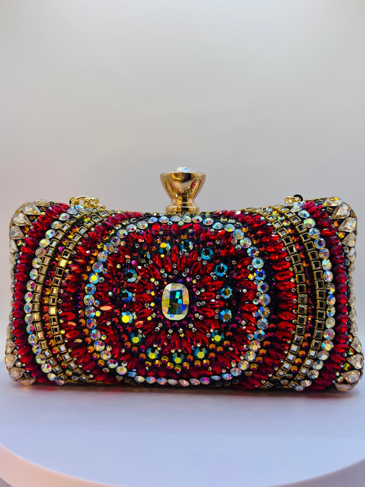 Luxury Handcrafted Red & Gold Crystal Clutch β Rectangular Evening Bag with Diamond Clasp - Image 2
