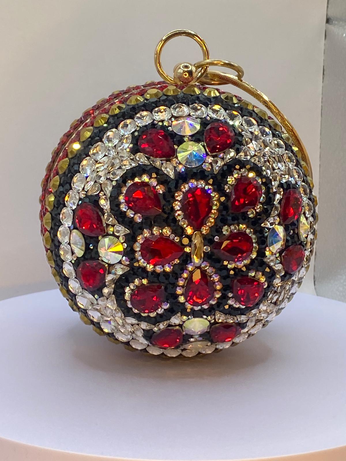 Luxury Handcrafted Crystal Ball Clutch β Red & Gold Rhinestone Evening Bag