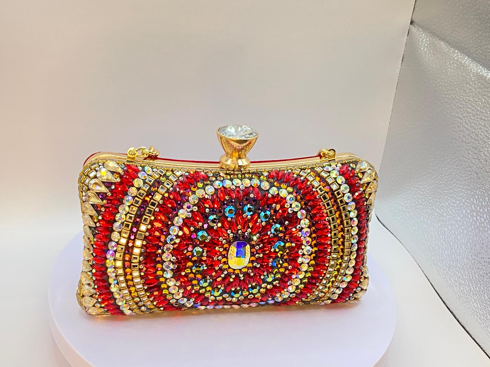 Luxury Handcrafted Red & Gold Crystal Clutch β Rectangular Evening Bag with Diamond Clasp