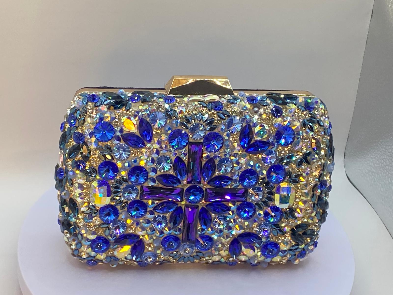 Luxury Handcrafted Rectangular Crystal Clutch β Sapphire Blue & Gold Evening Bag