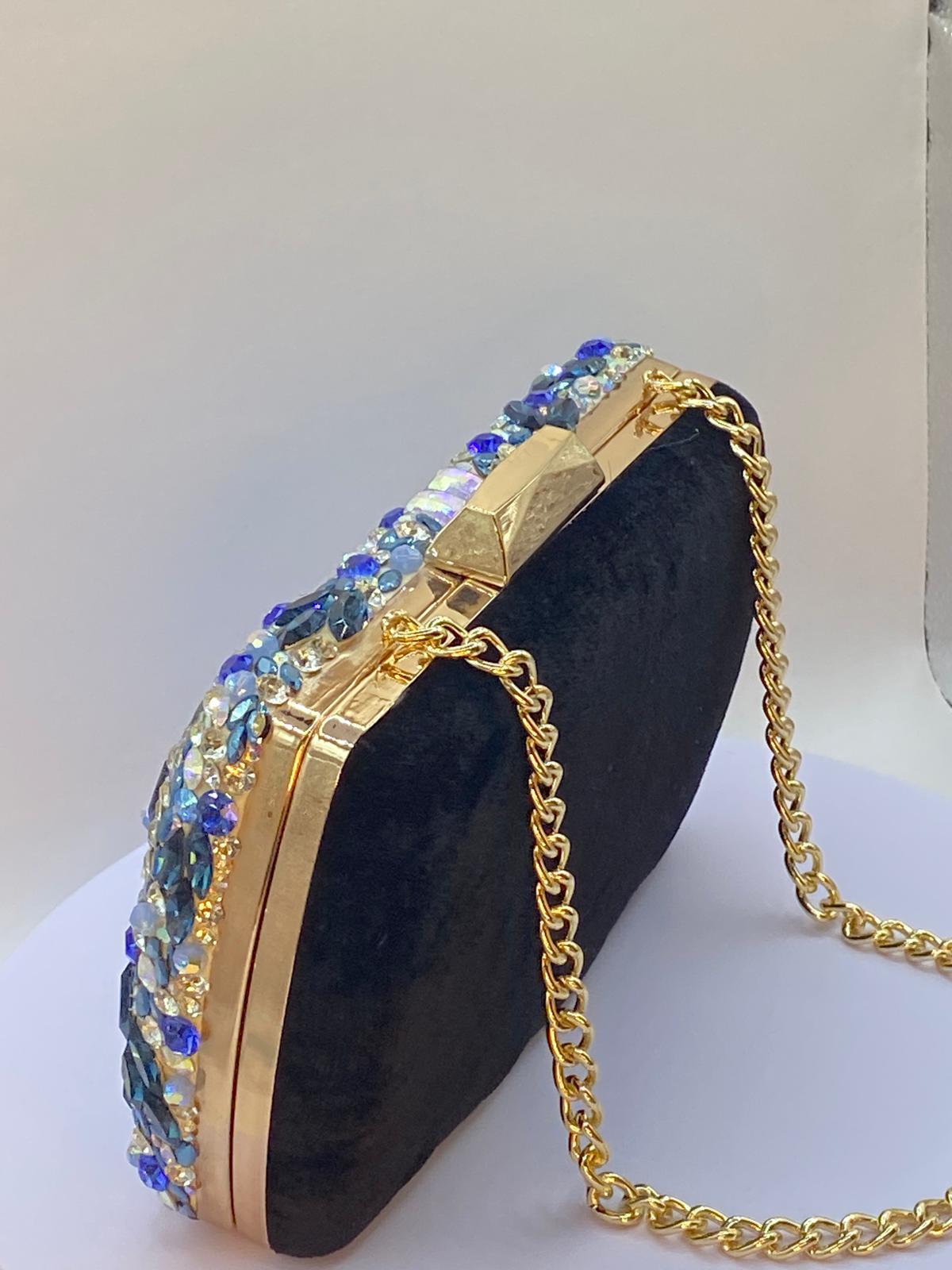 Luxury Handcrafted Rectangular Crystal Clutch β Sapphire Blue & Gold Evening Bag - Image 5