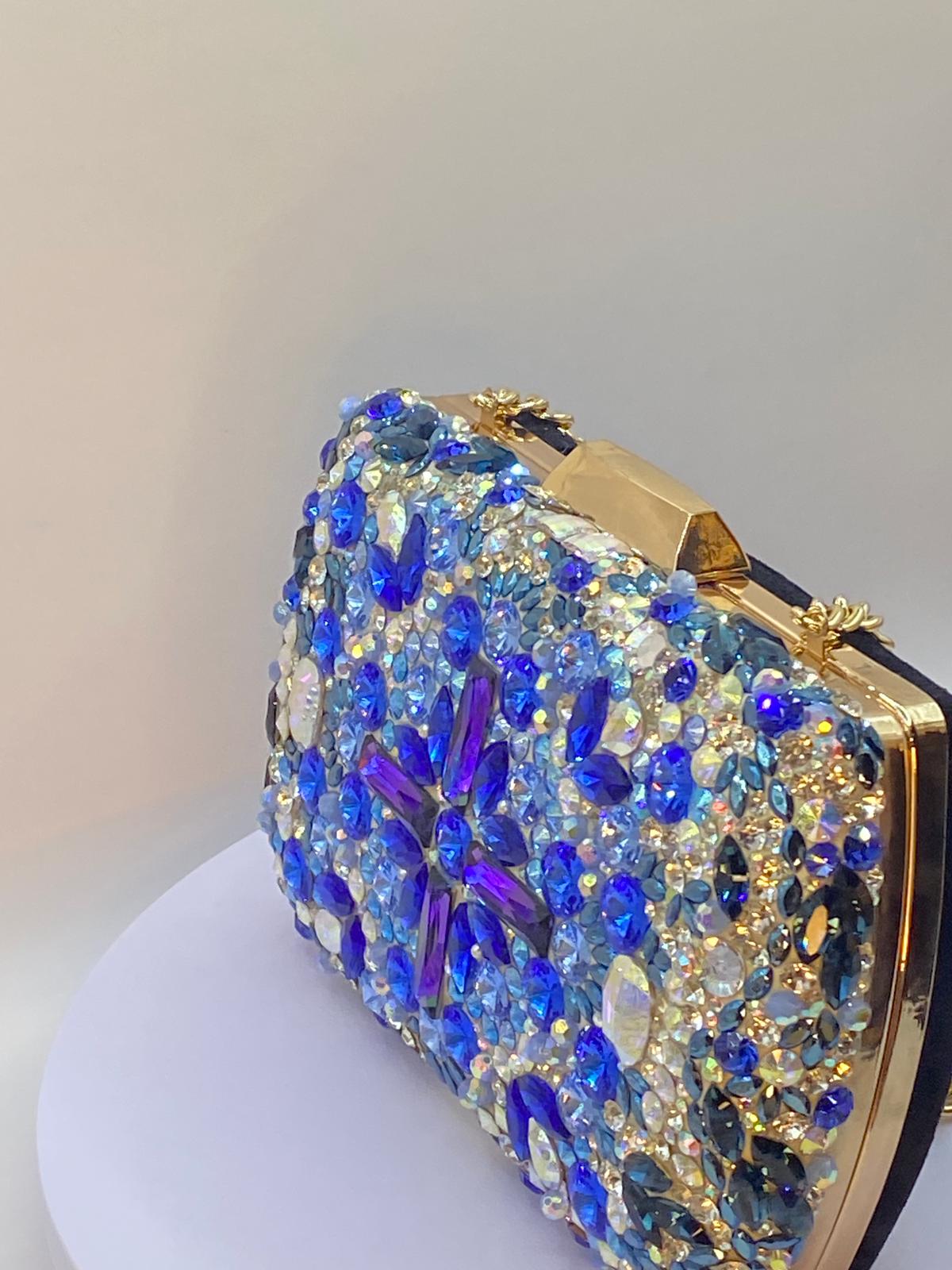 Luxury Handcrafted Rectangular Crystal Clutch β Sapphire Blue & Gold Evening Bag - Image 2