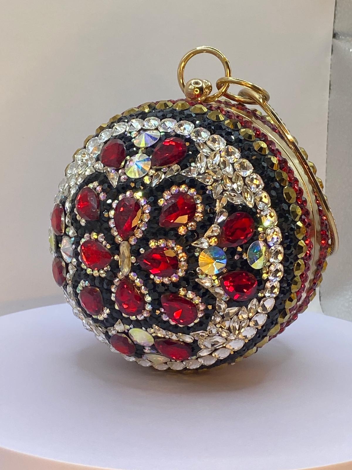 Luxury Handcrafted Crystal Ball Clutch β Red & Gold Rhinestone Evening Bag - Image 3