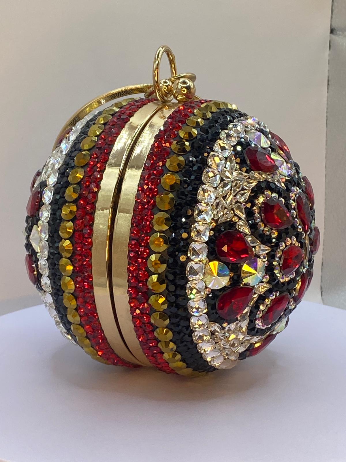 Luxury Handcrafted Crystal Ball Clutch β Red & Gold Rhinestone Evening Bag - Image 2